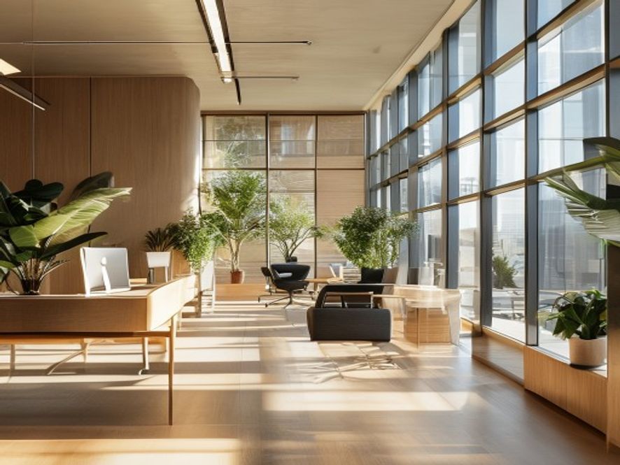 Minimalistisk modern arbetsplats med växter, dagsljus och ergonomisk möblering